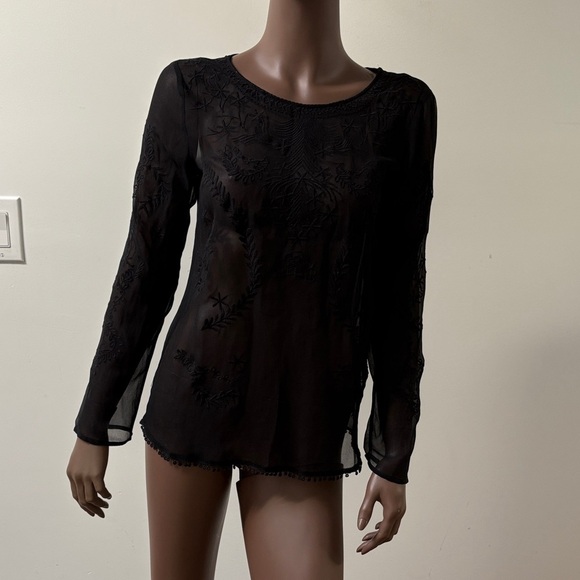 Ella Moss longsleeve blouse top shirt silk embroidered sheer black size XS - Picture 1 of 11